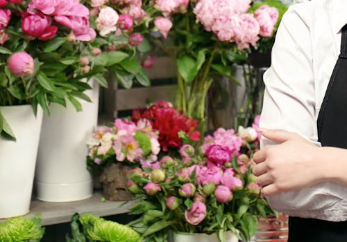 An aproned florist poses confidently in front of her wares